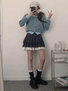 DAZY 女士条纹短款开衫，圆领长袖 - 藍色 - 查看 4