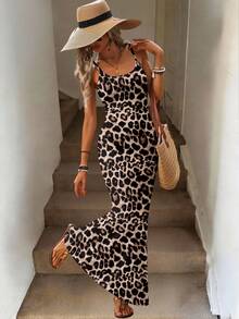 Easowa Women's Leopard Print Spaghetti Strap Bodycon Dress, Suitable For Spring/Summer,Casual - Multicolor - View 3