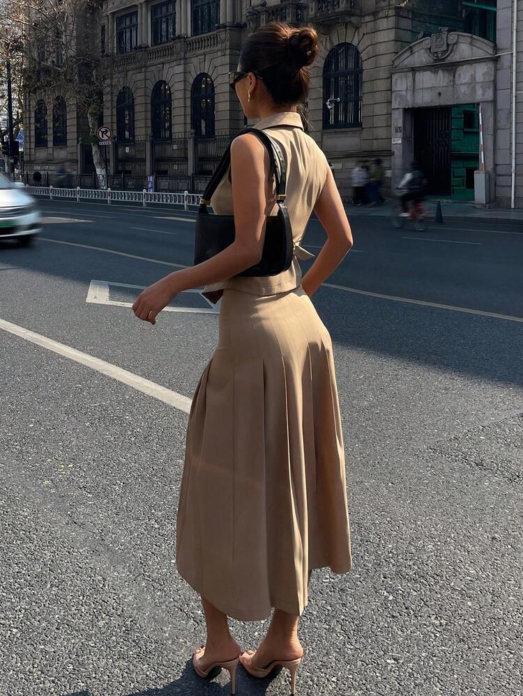 Women's Casual Blazer Collar Faux Pocket Pleated Skirt 2 Pieces Set, Spring/Summer
