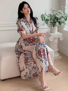 DAZY 女士优雅印花系带中长连衣裙，春夏婚礼宾客礼服 - 紫色 - 查看 6