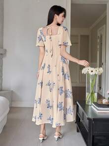 DAZY Women's Elegant Floral Print Square Neck Ruffle Sleeve Midi Dress, Summer Wedding Guest Dress - Blue - View 2