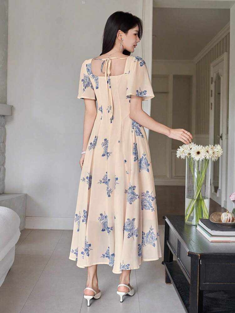 Women's Elegant Floral Print Square Neck Ruffle Sleeve Midi Dress, Summer Wedding Guest Dress Sundress
