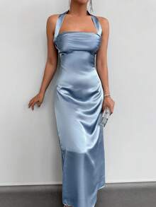 EURMUSE Women's Elegant Backless Halter Dress, Solid Color, Suitable For Party - Blue - View 4