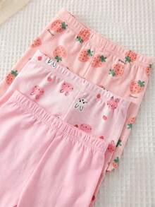 SHEIN LMoss Kids 6pcs Baby Girl Cute Strawberry Pattern Ruffle Trim Round Neck Short Sleeve Shorts Knit Soft & Breathable Summer Pajama Set - Multicolor - View 5