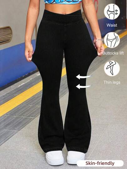 小女孩深蓝色牛仔紧身弹力喇叭裤，女童春夏休闲度假乡村波西米亚风服饰，女童沙滩装，女童西部街头装，春假装，狂欢装节日牛仔喇叭裤