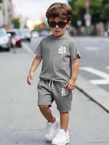 2pcs Toddler Boys' T-Shirt And Shorts Set, Casual Street Style - Grey - View 1