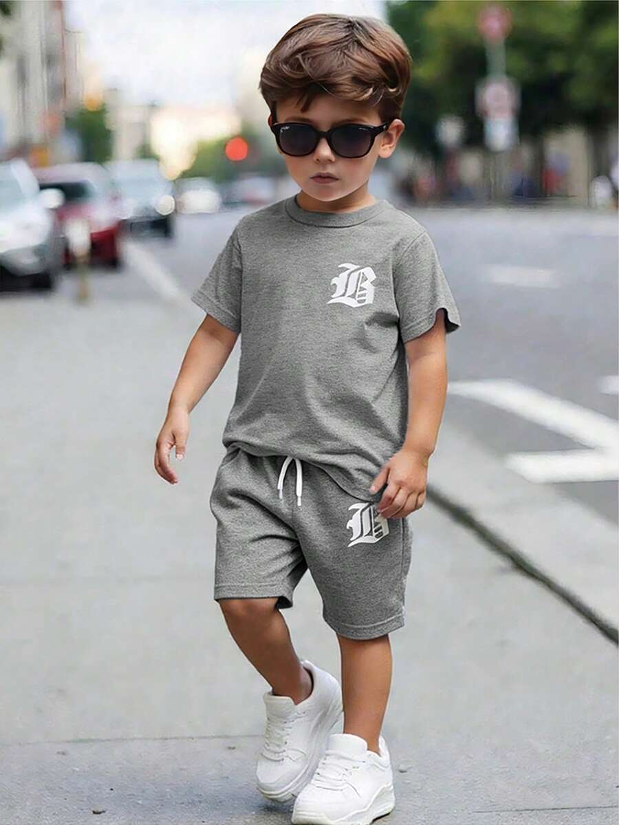 2pcs Toddler Boys' T-Shirt And Shorts Set, Casual Street Style - Grey - View 1