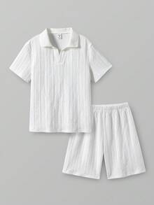 SHEIN 两件套男童纹理面料Polo衫和短裤套装，舒适休闲度假风，适合户外玩耍、街头摄影、派对、城市漫步 - 白色 - 查看 3