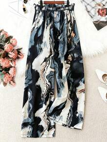 SHEIN PETITE CURVE 大码时尚通勤大理石纹印花裤 - 彩色 - 查看 2