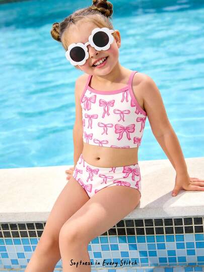 SHEIN Cute Sweet Butterfly Print Bra & Panty Swimsuit Set, Suitable For Young Girls, Fashion Casual Slim-Fit Camisole And Briefs, Perfect For Summer, Island Vacation, Beach, Beachwear, Resort Style