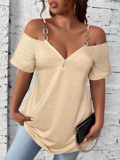 Elenzga Plus Size Decorative Chain Embellished T-Shirt, Elegant For Commuting, Outing, Dating, Party, Vacation