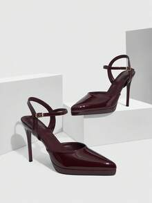 CUCCOO SZL Women Shoes Pointed Thin High Heel Heightening Water Table Burgundy Ankle Strap Simple Back Lift Women's Back Empty Shoes Wedding Party Banquet Simple Fashion Sexy Women's High Heel Shoes Women's Shoes Valentine's Day - Redwood - View 2