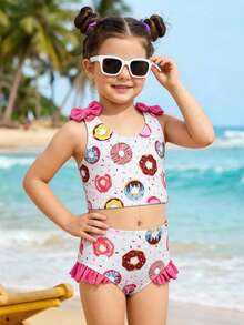 SHEIN Young Girl Summer Beach Vacation Cute Random Donut Print Bow Swimsuit Set - Pink - View 5