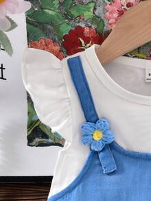 SHEIN Playful Pals Baby Girl Cute Pinafore Dress,Blue And White Stripe Autumn 2 In 1 Dress With Ruffle T-Shirt,3D Floral Fresh Style For Family Matching Outings - Baby Blue - View 8