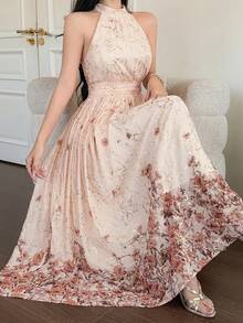 DAZY Women's Elegant Floral Print Sleeveless Dress With Stand Collar, Summer Wedding Guest Dress Sundress - Gold - View 5