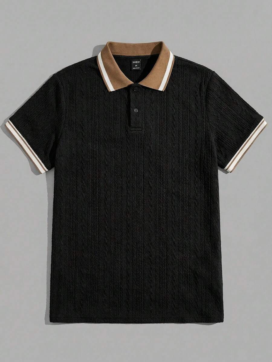 Manfinity Unisex Men's Casual Business Daily Commute Textured Fabric Contrast Striped Trim Short Sleeve Polo Shirt, Summer - Black - View 1