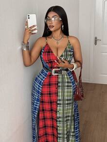 Maweii Đầm hai dây xẻ cao phối màu kẻ caro thời trang cỡ lớn dành cho nữ. - Nhiều màu - Xem 5