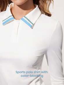 CourtClass 休闲百搭白色纽扣领撞色蓝色条纹修身长袖运动Polo衫 - 白色 - 查看 4