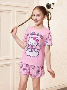 HELLO KITTY AND FRIENDS | SHEIN 少女可爱卡通字母图案短袖T恤和短裤睡衣套装，夏季 - 粉色 - 查看 5