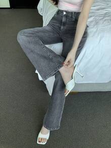 DAZY 女士蝴蝶结刺绣韩版喇叭破洞水洗牛仔裤 - 藍色 - 查看 4