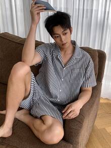 DAZY Conjunto de pijama de camisa de manga corta a rayas y pantalones cortos para hombre, de verano - Multicolor - Ver 4