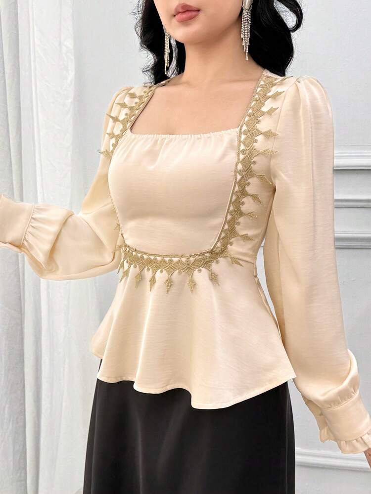 Women's Elegant Lace Patchwork Square Collar Puff Sleeve Frill Trim Blouse, Spring/Summer,Wedding Guest Dress Women Babydoll Top