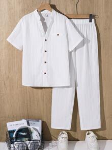 SHEIN 2 piezas Conjunto informal de vacaciones para niño preadolescente, versátil, de unicolor, tela texturizada, camisa y pantalones a rayas de onda blanca, adecuado para ir al trabajo, la escuela, el uso diario casual, deportes, primavera/verano - Naranja - Ver 8