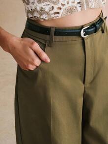 Anewsta 春季新款女式橄榄绿长裤，时尚百搭，配腰带，休闲筒裤 - 橄欖綠 - 查看 6