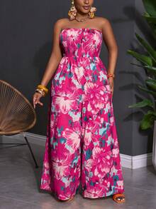 Slaydiva Bộ jumpsuit ống rộng ôm sát họa tiết hoa, chất liệu vải dệt in kỹ thuật số, dành cho kỳ nghỉ biển mùa xuân/hè 2025, cỡ lớn, dành cho nữ, dài thêm. - Màu Hồng Tươi - Xem 3