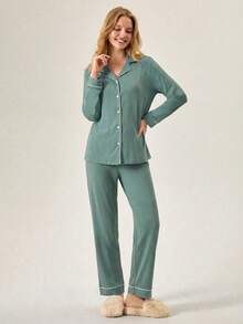 Loomlin Women Binding Detail Homewear Pajama Set - Blue - View 4