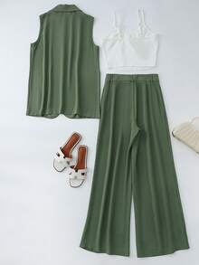 Franclia Women's Casual Commuter Suit Short-Sleeved Jacket Casual Wide-Leg Trousers Women's Slim Fit White Camisole Women's Casual Commuter Three-Piece Set Women's Green Three-Piece Set Women's Casual Commuter Three-Piece Set Women's Everyday Versatile Three-Piece Set Women's Slim Fit Three-Piece Set Women's Everyday Casual Commuter Three-Piece Set Women's Office Outfit Women's Spring And Summer Everyday Outfit Women's Everyday Casual Outfit - Green - View 2