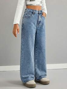 SHEIN Jeans anchos y holgados de color caqui para niñas - Lavado ligero - Ver 3