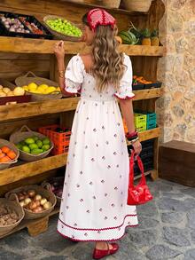 Selianne Plus Size Floral Print Scoop Neck A-Line Dress, Pink Striped, Sweet Style, Spring/Summer - Multicolor - View 2