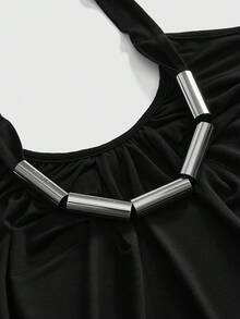 ROMWE Women's Solid Color Halter Tie-Up Metal Decor Ruched Fashionable Versatile Top For Dates & Outings - Black - View 3