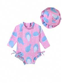 2件装新生女婴可爱小鱼图案针织长袖连帽连体衣，饰有荷叶边和蝴蝶结，适合泳装、沙滩、泳池、夏季度假穿着 - 彩色 - 查看 8