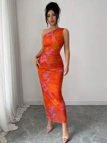 Selianne Women's Luxury Evening Dress, Tie-Dye Print Asymmetric Neckline Sleeveless Sexy Dress Orange Bodycon Maxi Dress One Shoulder Dresses For Women - Orange - View 6
