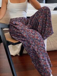 DAZY Ditsy Floral Pleated Loose Women's Pajama Bottoms - Black - View 1