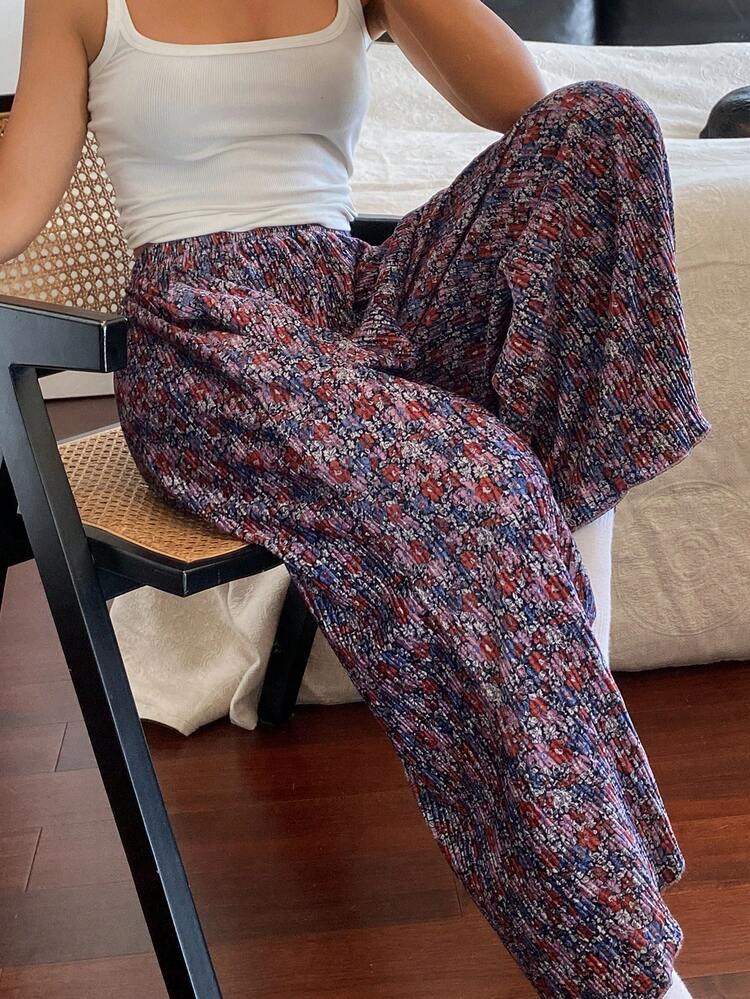 Ditsy Floral Pleated Loose Women's Pajama Bottoms