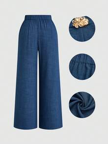 SHEIN Unity Plus Size Women's Elegant Dark Blue,Autumn,Smart Casual,Office Pants,Denim-Effect Linen Fabric,Metal Buckle Decor,High Waisted Pleated Wide Leg Design - Blue - View 2