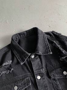 StoneGrade 男士长袖单排扣破洞牛仔夹克和黑色牛仔裤套装外出通勤工作都市秋季服装 - 黑色 - 查看 5