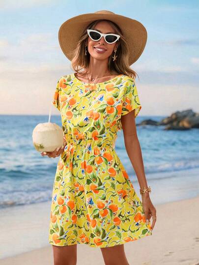 Sylviya Women's Casual Vacation Fruit & Floral Print Dress,Vacation Summer Dress Summer Holiday Outfits Beach Dresses For Women Beach Outfit Vacation Outfits Women Summer Vacation Outfits  Casual Dresses For Women Floral Dress Vacation Outfits Women Summer Outfits For Women Summer Outfits Summer Dresses For Women Cruise Outfit For Women Summer Dresses Beach Vacation Outfits Woman Yellow Dress Resort Wear Women