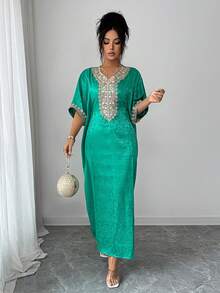 Rafferiza 女士缎面系带蕾丝拼接连衣裙，春夏款 - 綠色 - 查看 5