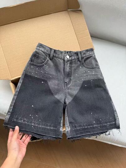 SHEIN Pantalones cortos de mezclilla sueltos y cómodos con diseño de estilo callejero vintage con puntos de pintura, para uso diario y festivales de primavera a verano, para niños preadolescentes