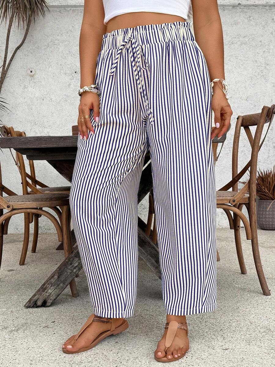 SHEIN VCAY Plus Size Casual Fashion Paper Bag Waist Loose Striped Pants For Women - Blue - View 1