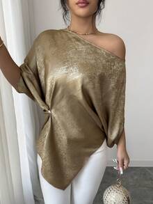 Rafferiza 优雅不对称肩领蝙蝠袖短袖不对称下摆香槟金箔女式衬衫，百搭休闲日常穿着 - 香檳色 - 查看 4