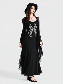 Breakform Đầm dài ôm sát người kiểu Gothic gợi cảm dành cho nữ, dây đeo mảnh có thể điều chỉnh, màu trơn, chất liệu vải dệt kim in họa tiết da rắn. - màu đen - Xem 5
