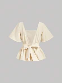 SHEIN MOD 女士杏色露背蝴蝶结荷叶边下摆衬衫 - 杏色 - 查看 6