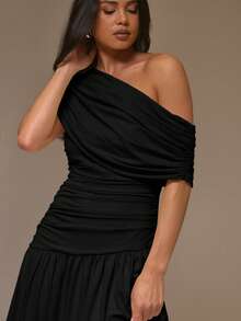 MUSERA Đầm maxi xếp ly bất đối xứng, nhún vai, thắt eo, phong cách cá tính, dễ thương, mùa đông, dự tiệc, thanh lịch. - màu đen - Xem 5