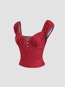Sweetra Women's 1960s Vintage Red And White Polka Dot Crop Top, Y2K Summer Vacation Ruched Half-Placket Fitted T-Shirt, Retro Sweet Girly Style - Red and White - View 4