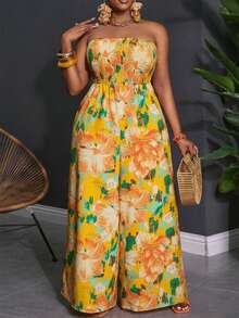 Slaydiva Bộ jumpsuit ống rộng dáng ôm họa tiết hoa, chất liệu vải dệt in kỹ thuật số, dành cho kỳ nghỉ biển mùa xuân/hè 2025, cỡ lớn, dành cho nữ. - Màu vàng - Xem 2